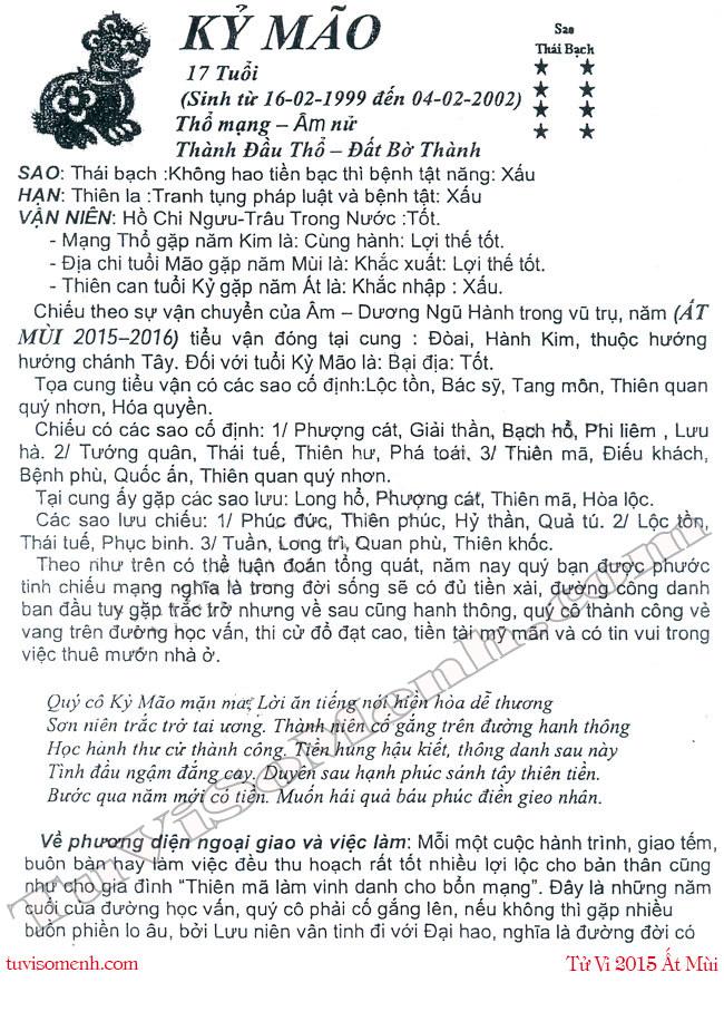 Tử vi 2015 tuổi Kỷ Mão nữ mạng chi tiết | Tử Vi Cổ Học