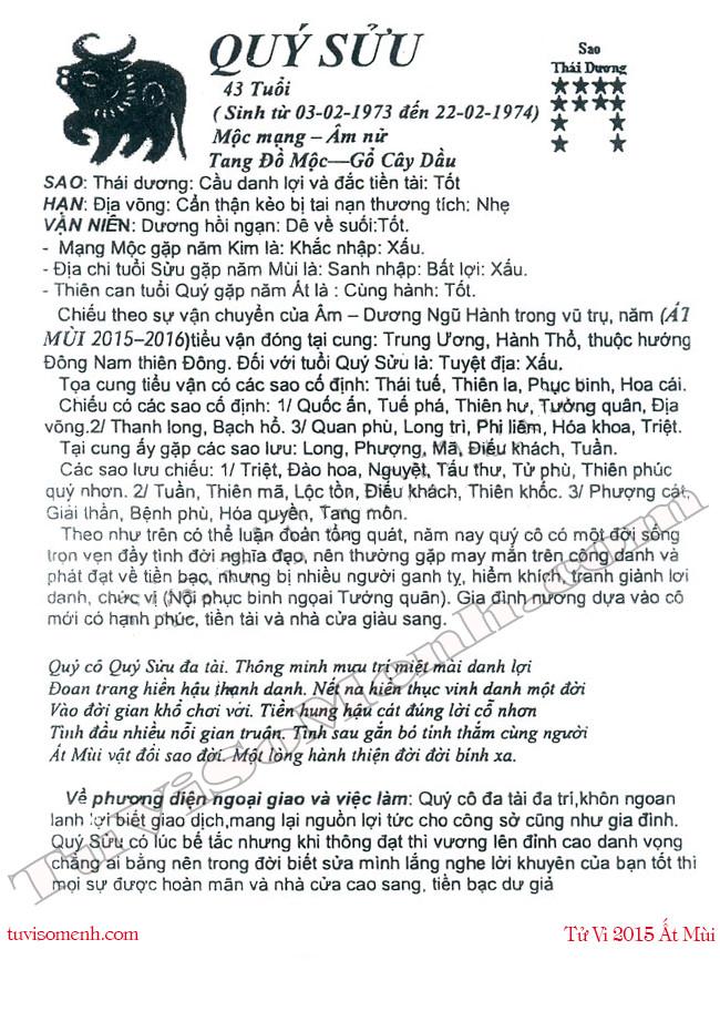 Tử vi 2015 tuổi Quý Sửu nữ mạng chi tiết | Tử Vi Cổ Học